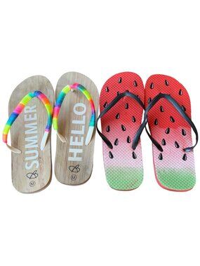 RANDOM Set of 2 Watermelon Print & Multicolored Summer Flip-Flops Women's Size M